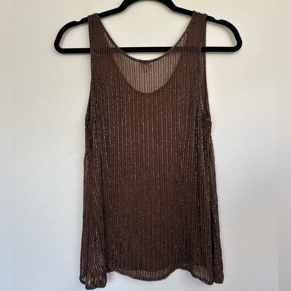 Anthropologie Moyna Sheer Beaded Brown Tank Top - Picture 7 of 15